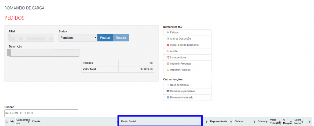 romaneio de carga razao